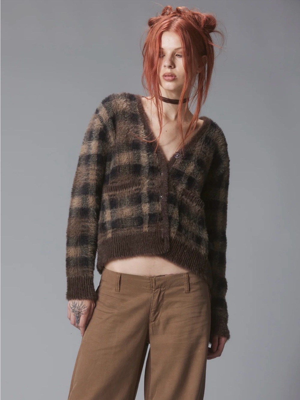 UNIF Brown Plaid Fuzzy Ty Cardigan